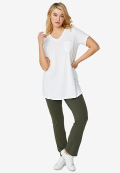Stretch Knit V-neck Short Sleeve Chest Pocket Tunic