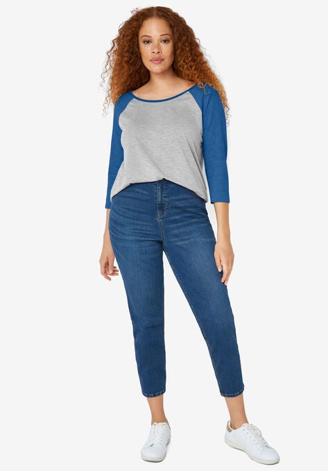 Colorblock 3/4 Sleeve Tee, HEATHER GREY OCEAN SAPPHIRE, hi-res image number null