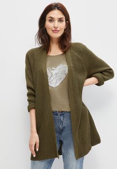 Open Front Long Ribbed Sleeve Waffle Cardigan