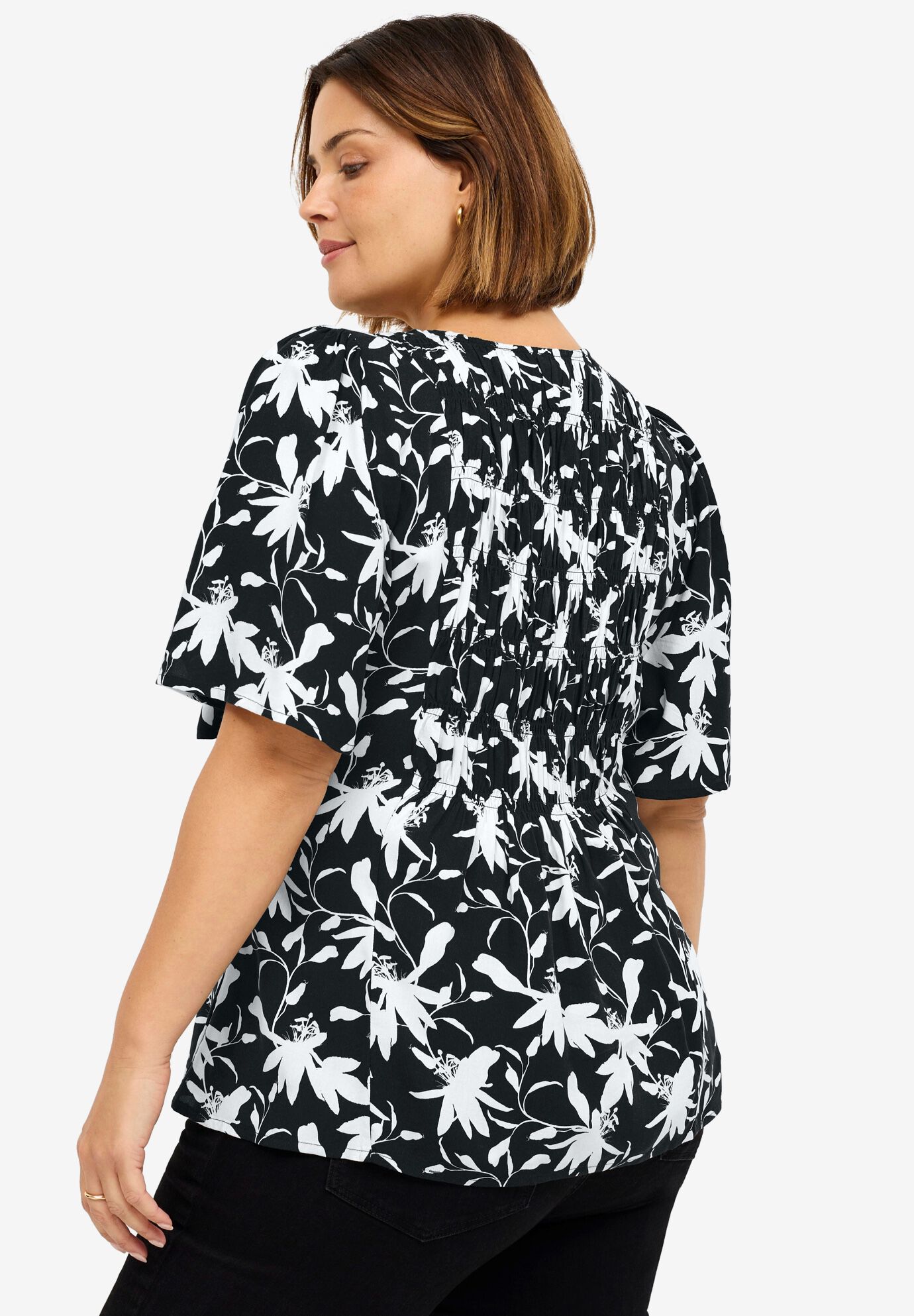 V-Neck A-Line Blouse with Smocked Bodice, BLACK WHITE PRINT, on-hover image number 1