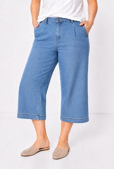 100% Cotton Mid-Rise Lightweight Denim Elastic Waist Wide-Leg Crop Trouser Jeans