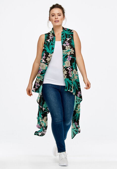 Printed Open Front Duster Vest, BLACK FLORAL, hi-res image number null