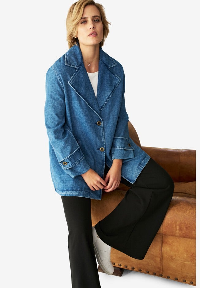 Button Front Denim A-line Jacket, STONEWASH, alternate image number 3