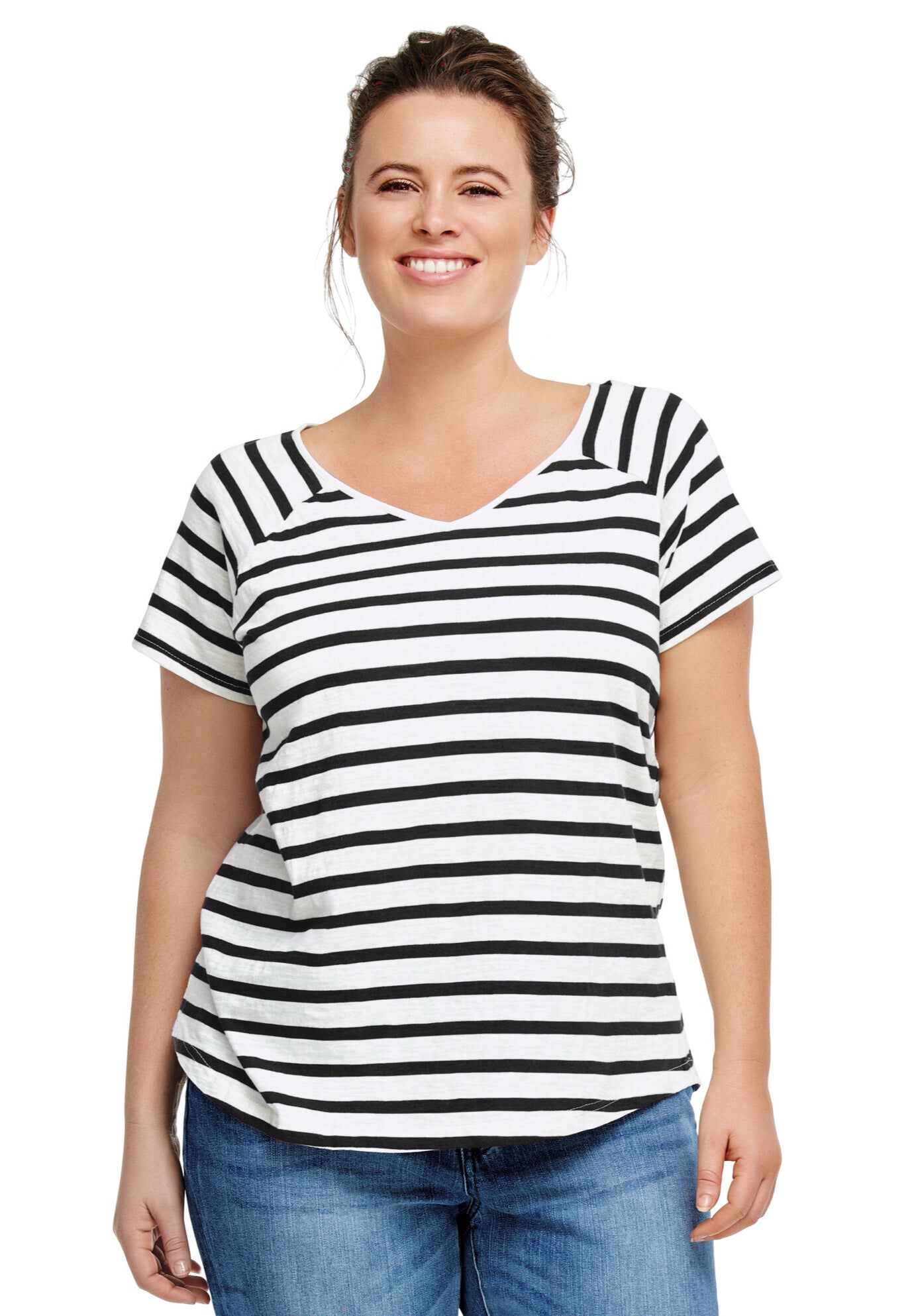 Rounded V-neck Tee, BLACK WHITE STRIPE, hi-res image number 0