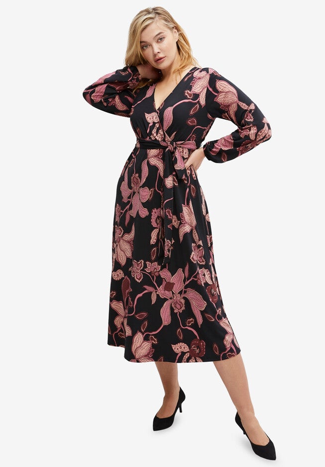 Knit Surplice Midi Dress With Self-Tie, BLACK BERRY FLORAL, hi-res image number null