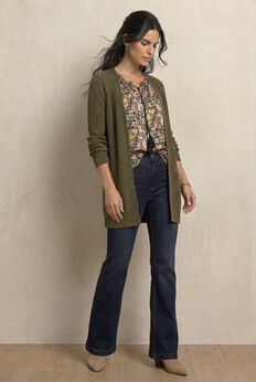 Open Front Long Ribbed Sleeve Waffle Cardigan