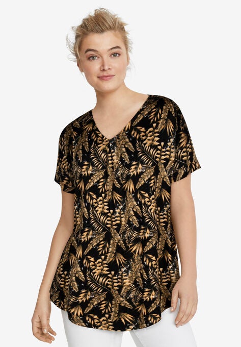 V-Neck Tunic With Front Inverted Pleat, BLACK CAMEL LEAF, hi-res image number null