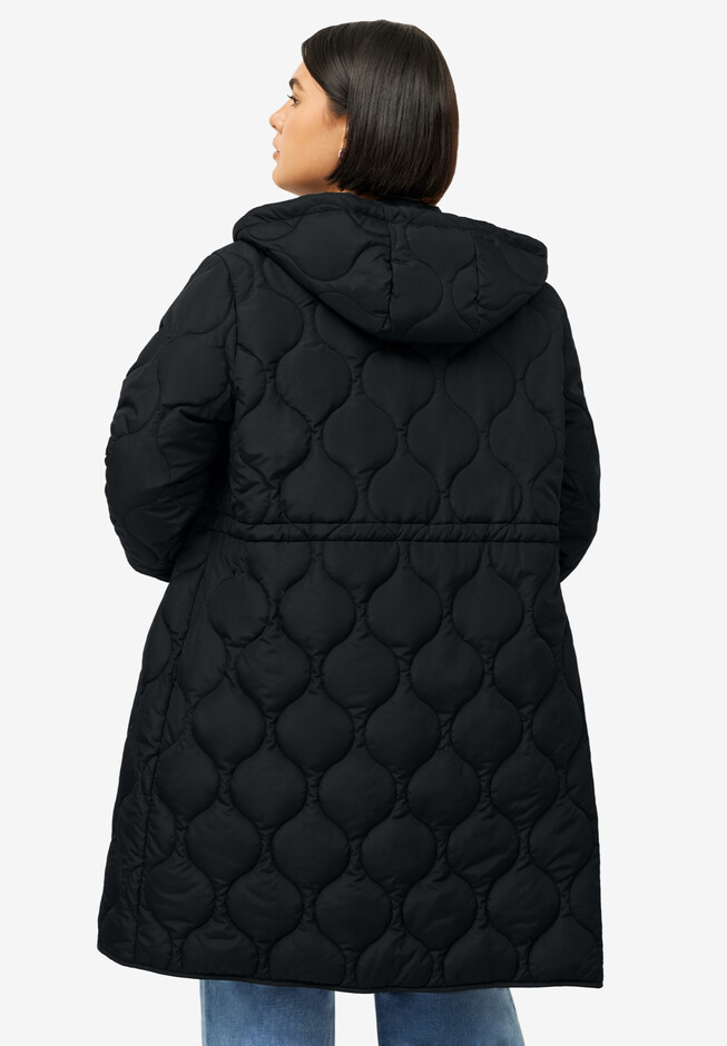 Long Quilted Jacket With Drawstring Waist