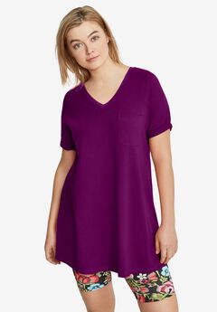 Stretch Knit V-neck Short Sleeve Chest Pocket Tunic