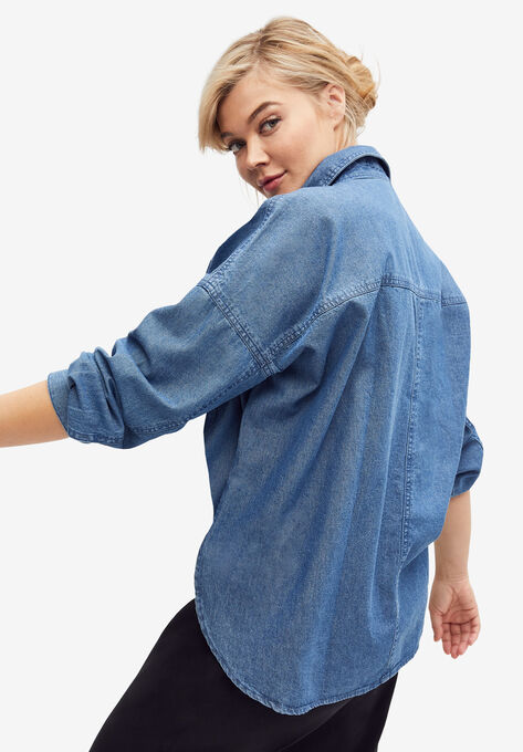 Oversized Button-Front Denim Shirt, , on-hover image number null