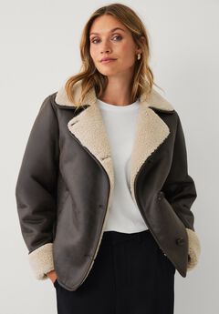 Button-Front Faux Leather Shearling Coat