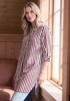 Three-Quarter Sleeve Roll Tab Relaxed Fit 100% Cotton Henley Tunic