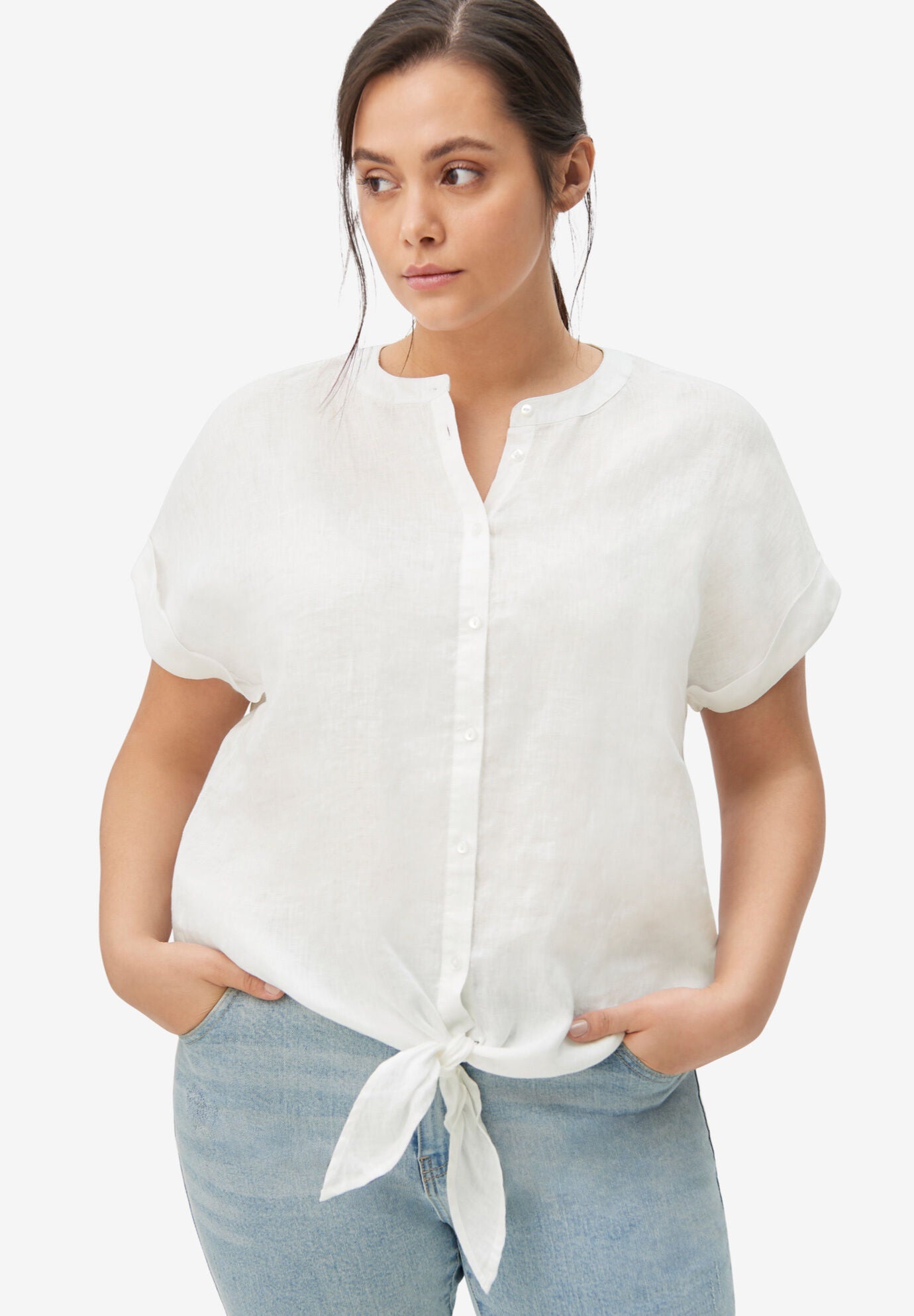 Linen-Blend Tie-Front Blouse, , on-hover image number 1