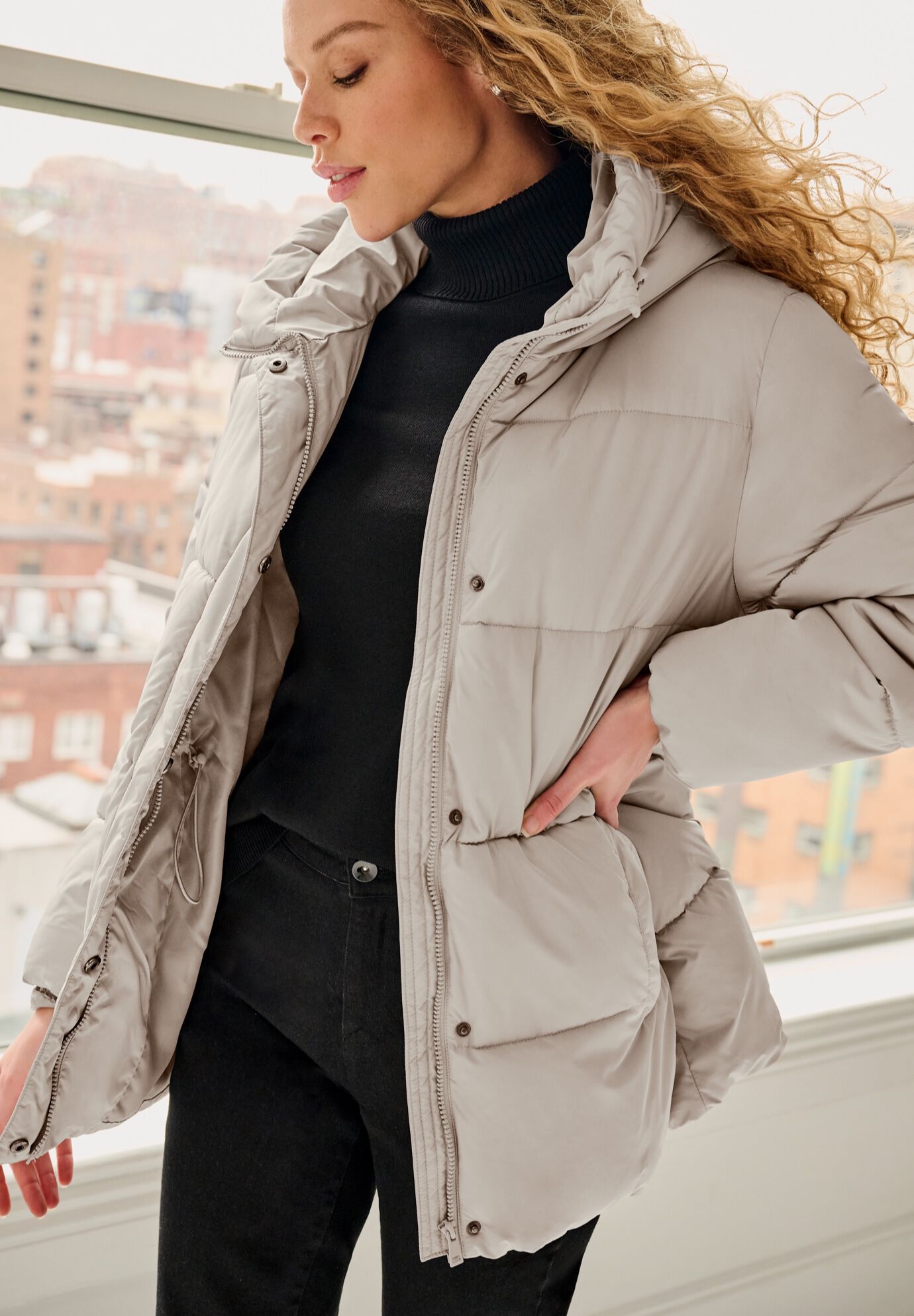 Hooded Drawstring Puffer, TAUPE GREY, alternate image number 2