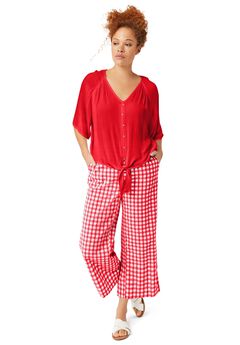 Gingham Back Elastic Wide Leg Crop Pants