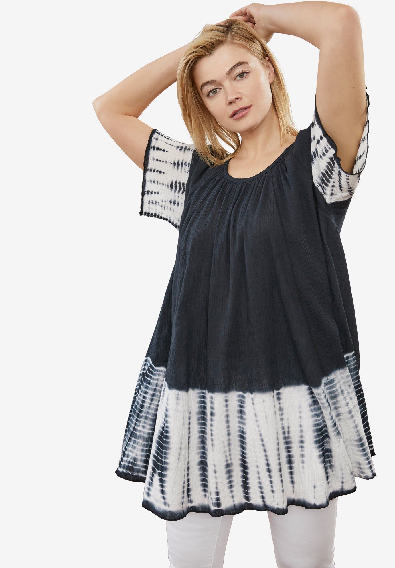 Tie-Dye Gauze Tunic, BLACK WHITE TIE DYE, hi-res image number 0