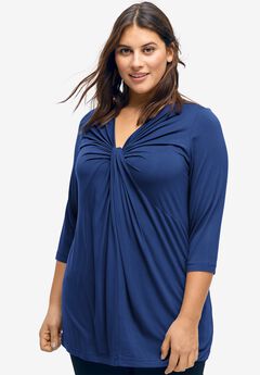 Stretch Knit V-neck 3/4 Sleeve Knot Front Tunic