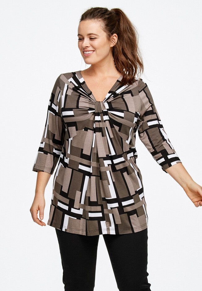 Knot-Front Tunic - Twisted Rayon/Spandex Knit, Black Green Leaf Print ...