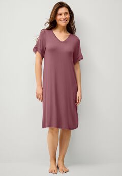 Stretch Knit V-neck Short Sleeve Lace Trim Sleep Shirt