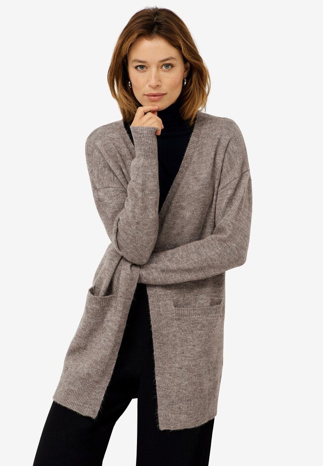 Long Open Cardigan With Pockets, HEATHER TAUPE GREY, hi-res image number null