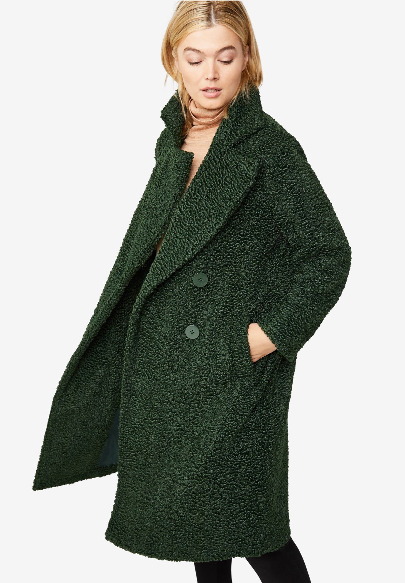 Double-Breasted Teddy Coat with Notch Collar, Chestnut | Catherines