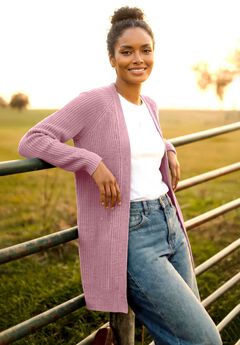 Open Front Long Ribbed Sleeve Waffle Cardigan