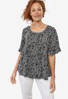 Ruffle Sleeve Babydoll Blouse, BLACK WHITE PRINT, hi-res image number null