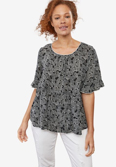 Ruffle Sleeve Babydoll Blouse, BLACK WHITE PRINT, hi-res image number null