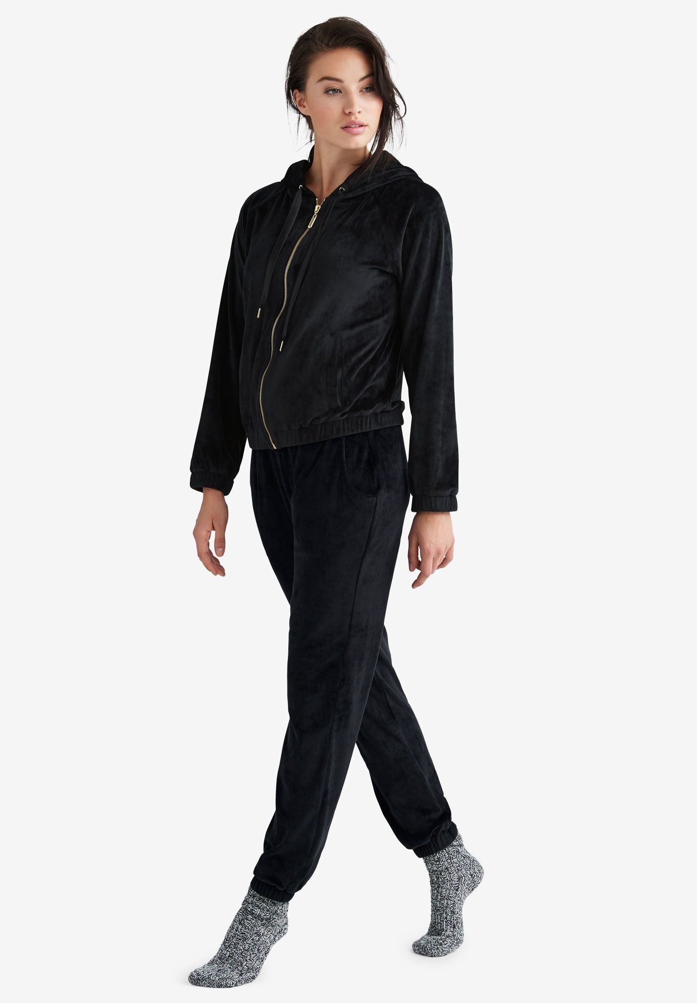 Velour Jogger Pants Relaxed Fit, Tapered Ankle, Black Catherines