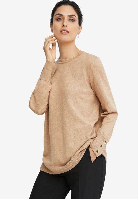 Button-Cuff Pullover, HEATHER SOFT CAMEL, hi-res image number null
