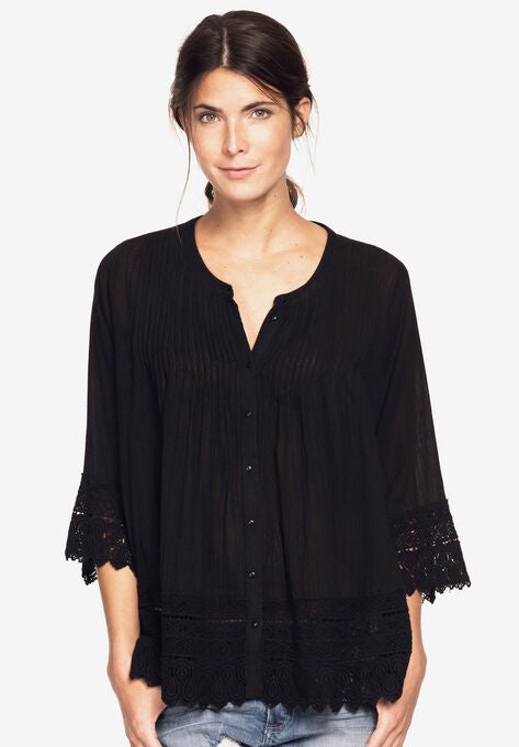 Crochet Trim Blouse, BLACK, hi-res image number null