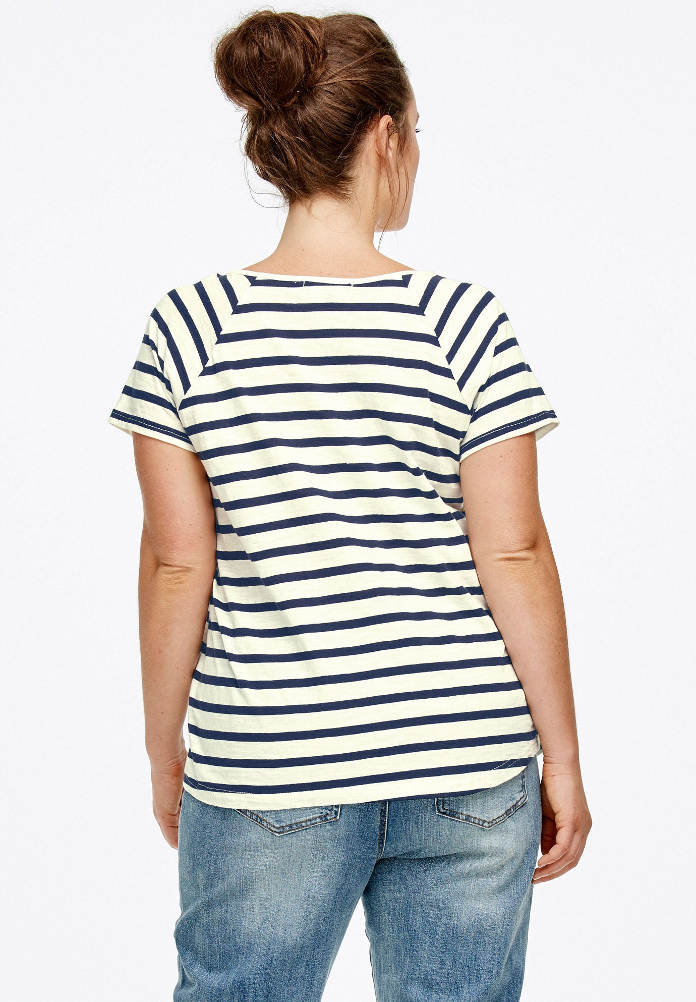 Rounded V-neck Tee, BLACK WHITE STRIPE, on-hover image number 1