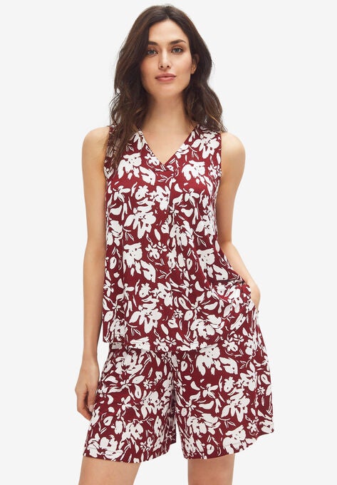 V-Neck Pleat Front Tank Top, FRESH POMEGRANATE PRINT, hi-res image number null