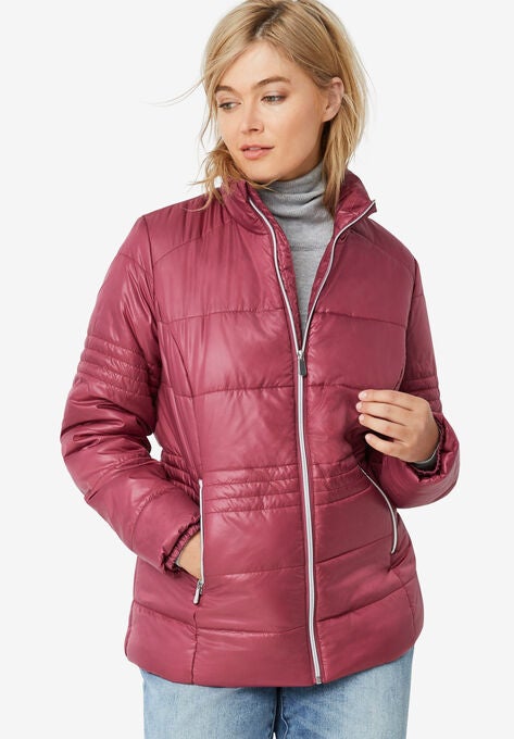 Short Puffer Zip Front Jacket, BURGUNDY ROSE, hi-res image number null