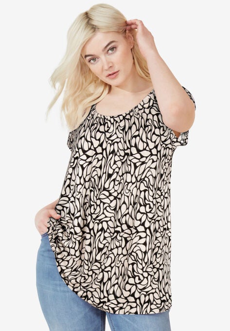 Shirred Scoop Neck Tunic, BLACK CREAM PRINT, hi-res image number null