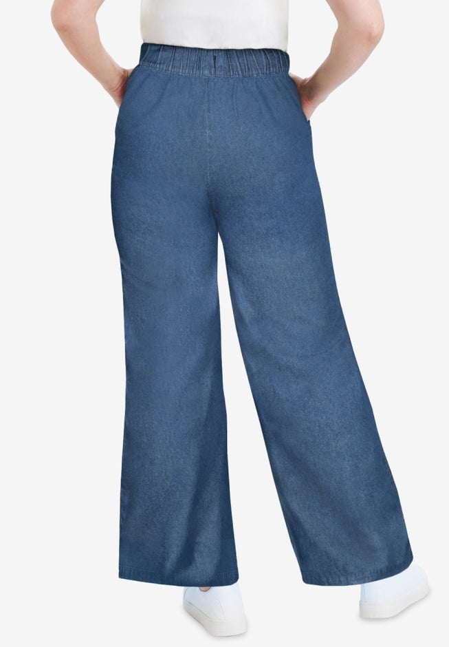 Drawstring Denim Wide-Leg Bottoms. image number 1