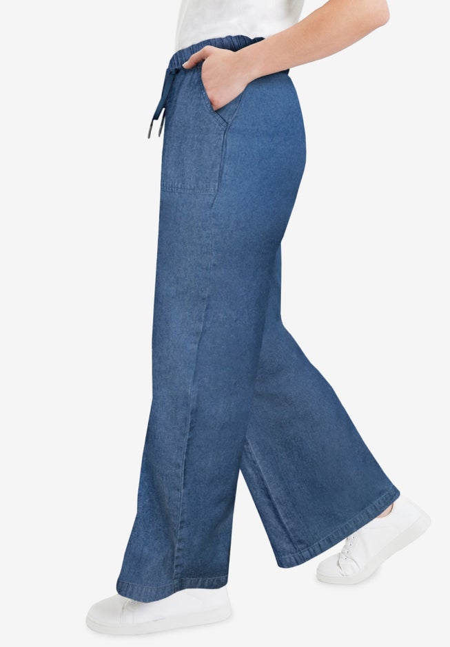 Drawstring Denim Wide-Leg Bottoms. image number 2