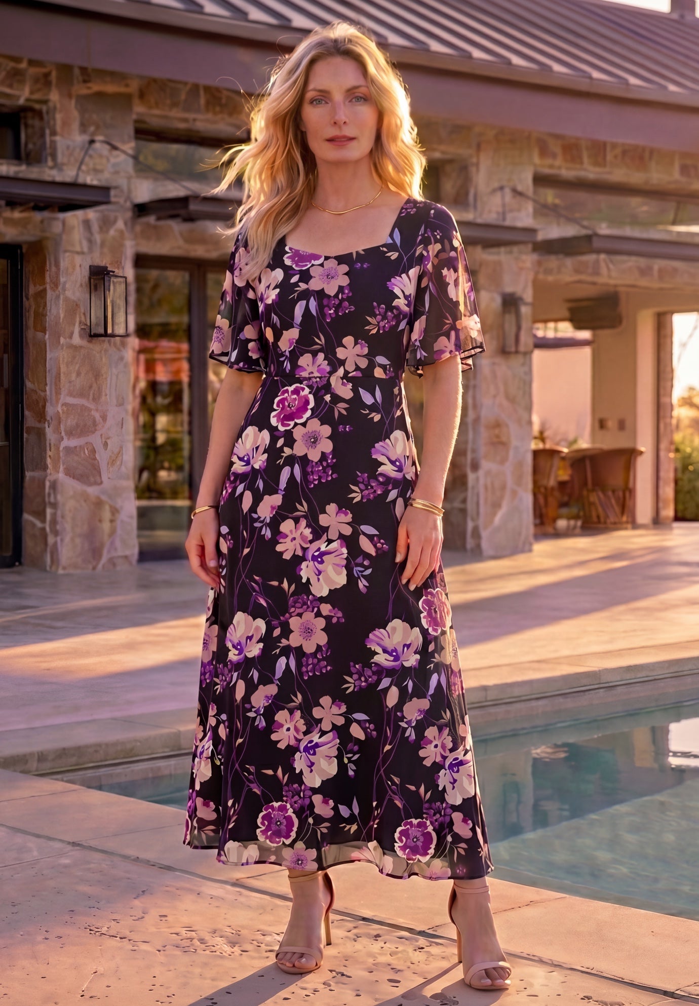 Hand-Crinkled Flutter-Sleeve Maxi Dress image number 0