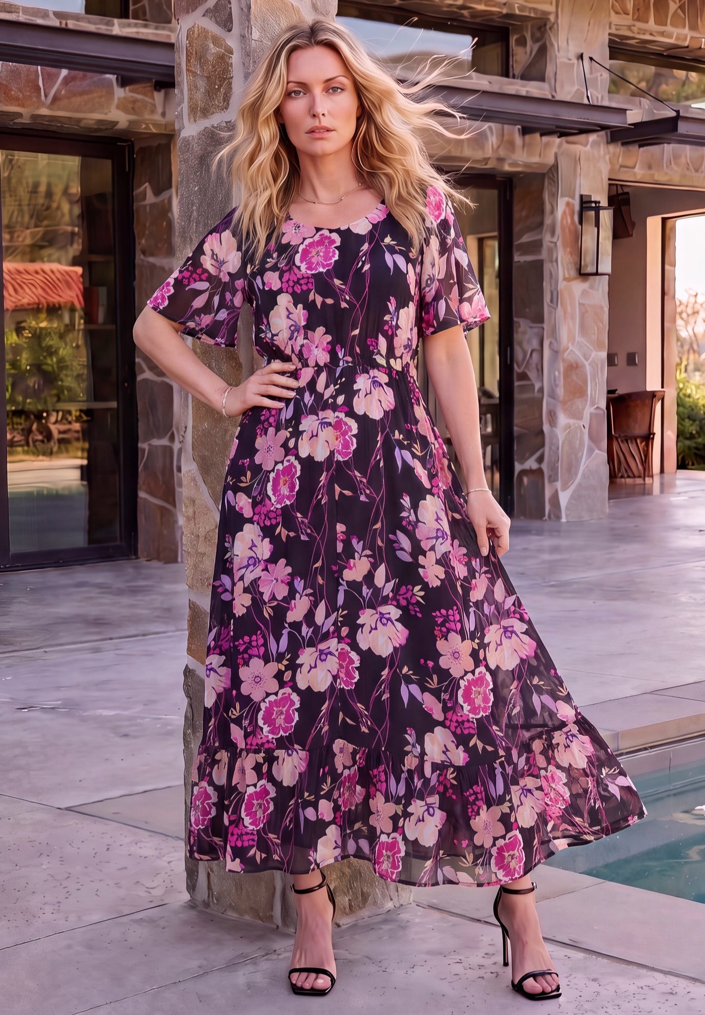 Hand-Crinkled Flutter-Sleeve Maxi Dress image number 0