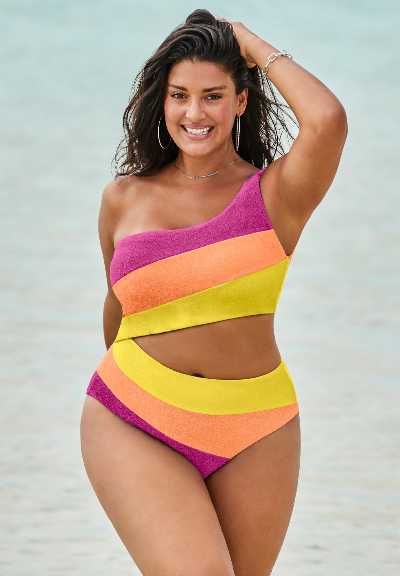 One Shoulder Color Block Cutout One Piece Swimsuit image number 0