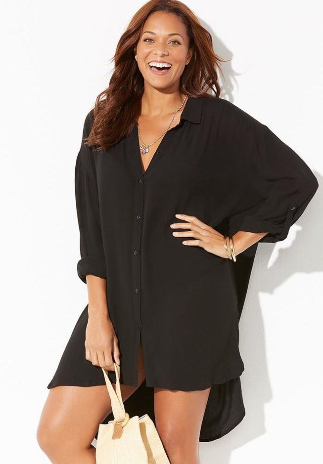 Shea High-Low Button Front Cover Up Shirt image number null