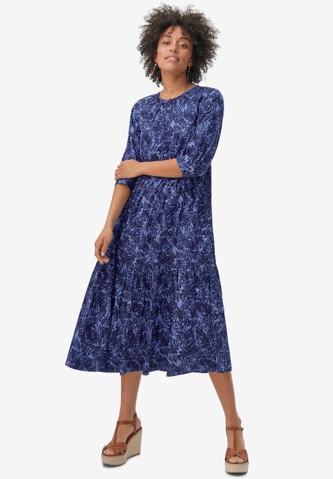 Tiered Cotton Midi Dress - Summer A-Line Style, Blue Violet Print | Catherines Tiered Cotton Midi Dress - Summer A-Line Style, Blue Violet Print | Catherines