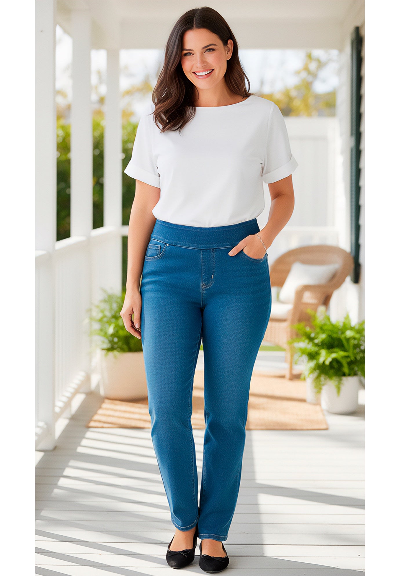 Smooth Waist Pull-On Flex Fit Straight-Leg Stretch Denim Jeans image number 0