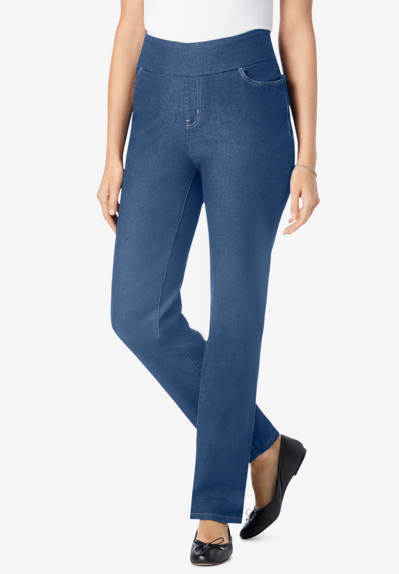 Smooth Waist Pull-On Flex Fit Straight-Leg Stretch Denim Jeans image number 1
