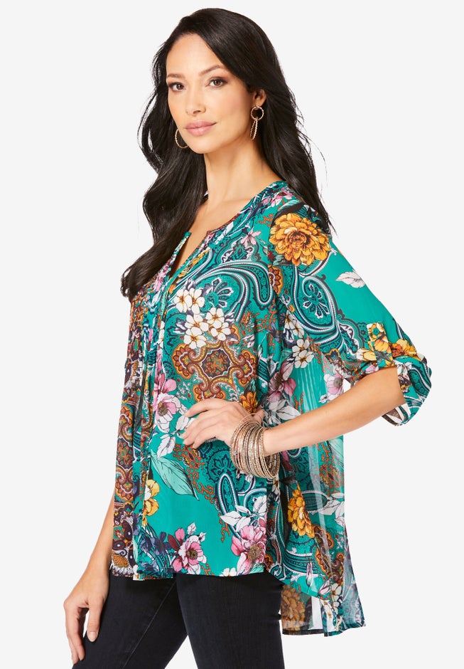 Plus Size Tara Pleated Shirt – Adjustable 3/4 Sleeve Swing Tunic with Notch Collar image number 2