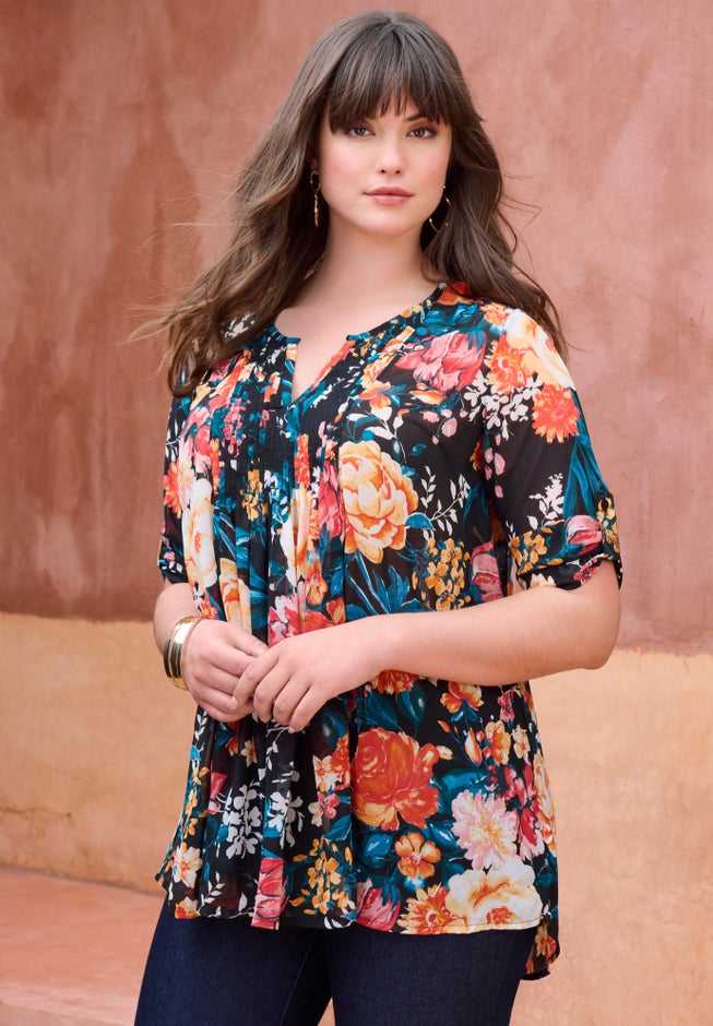 Plus Size Tara Pleated Shirt – Adjustable 3/4 Sleeve Swing Tunic with Notch Collar image number 4