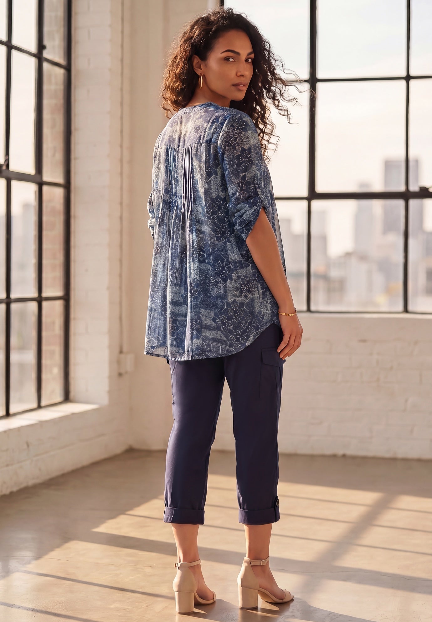 Plus Size Tara Pleated Shirt &ndash; Adjustable 3/4 Sleeve Swing Tunic with Notch Collar image number 1
