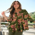 Plus Size Tara Pleated Shirt &ndash; Adjustable 3/4 Sleeve Swing Tunic with Notch Collar image number null