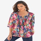 Plus Size Tara Pleated Shirt &ndash; Adjustable 3/4 Sleeve Swing Tunic with Notch Collar image number null