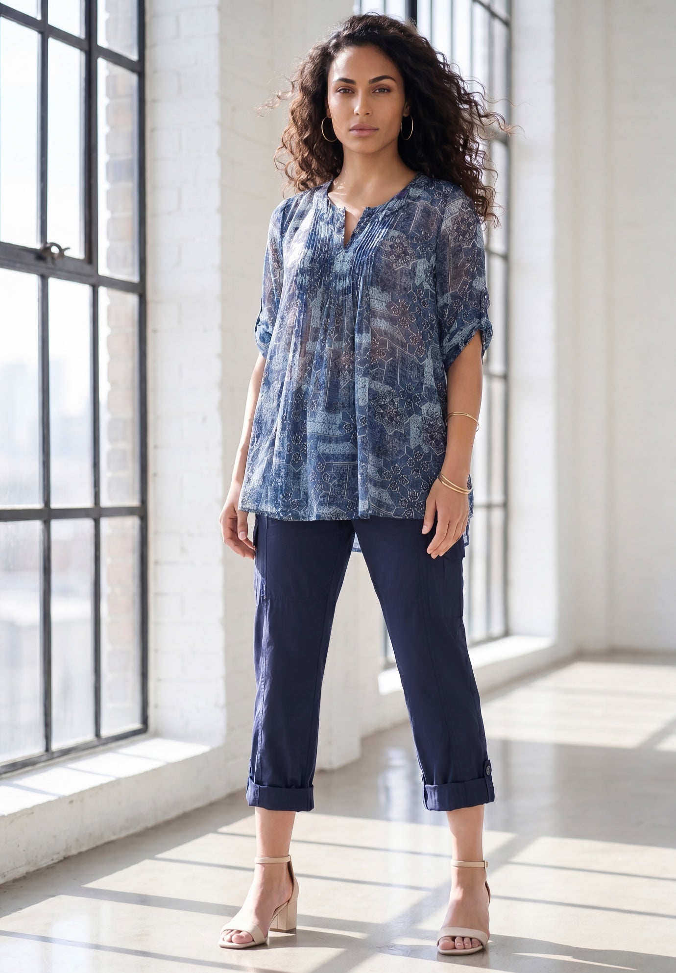Plus Size Tara Pleated Shirt &ndash; Adjustable 3/4 Sleeve Swing Tunic with Notch Collar image number 0